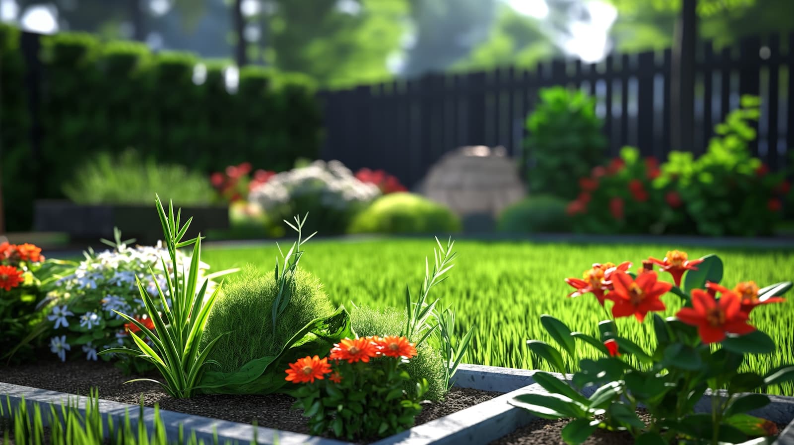 Freshly maintained lawn and landscaped beds by BT Lawn Care